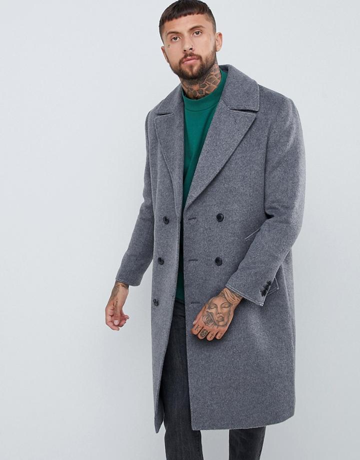 Asos Design Wool Mix Double Breasted Overcoat In Charcoal - Gray