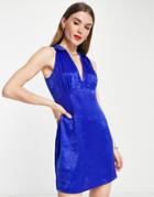 Lola May Satin Collared Mini Dress In Cobalt-blue