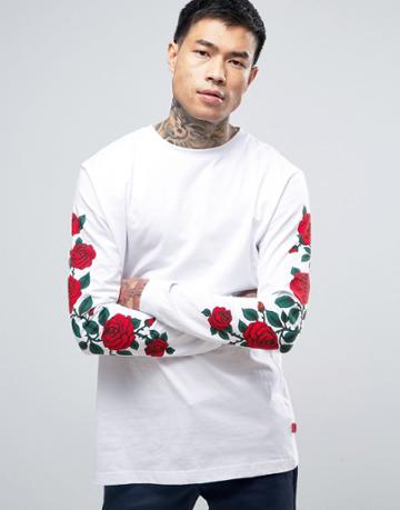 Parca Long Sleeve T-shirt With Rose Sleeve Print - White