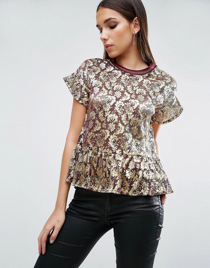 Asos Ruffle Top In Metallic Paisley - Multi