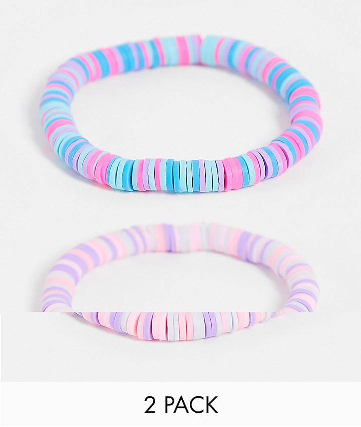 Asos Design Pack Of 2 Stretch Bracelet In Pastel Disc Beads-multi