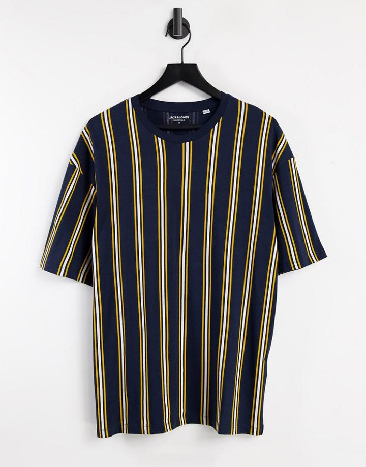 Jack & Jones Originals Oversize Vertical Stripe T-shirt In Navy