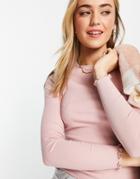 New Look Frill Neck Ribbed Long Sleeve T-shirt In Pale Pink