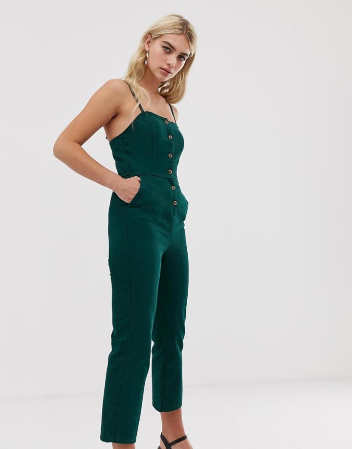 Asos Design Denim Button Through Jumpsuit In Green