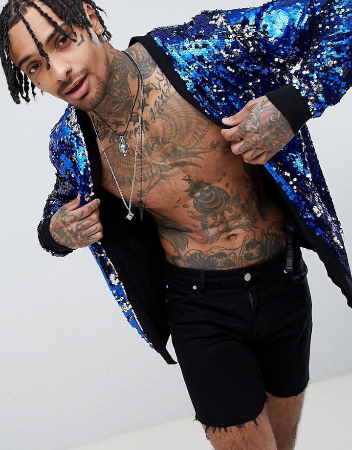 Asos Design All Over Sequin Cardigan In Blue And Silver - Blue