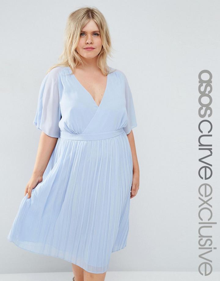 Asos Curve Cape Wrap Midi Dress With Pleated Skirt - Blue