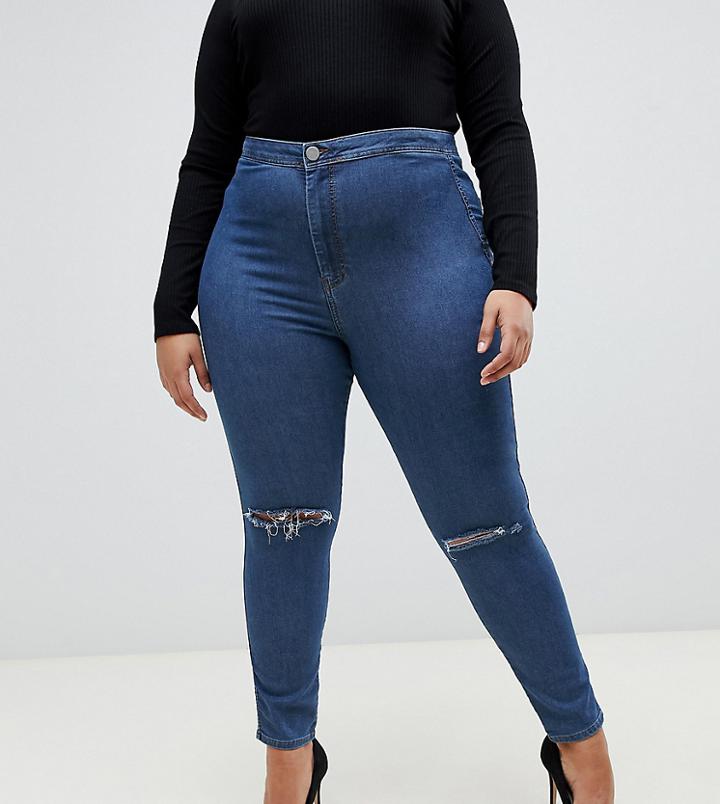 Asos Design Curve Rivington High Waisted Jegging In Mid Wash Blue With Knee Rips