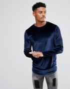 Asos Longline Muscle Long Sleeve T-shirt With Curve Hem In Navy Velour - Navy