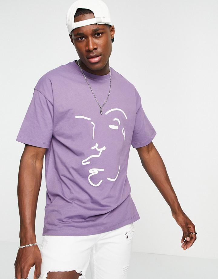New Look Oversized Sketch Print T-shirt In Purple-black