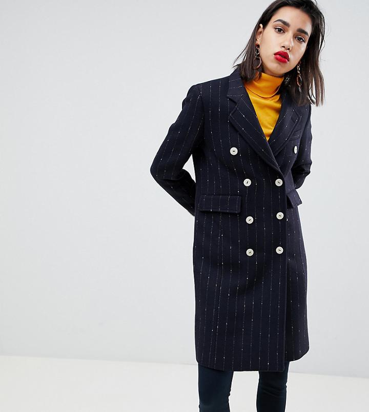 Mango Pin Stripe Button Front Tailored Coat In Black - Black
