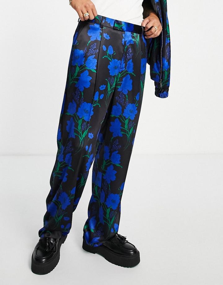 Asos Design Smart Wide Leg Pants In Floral Print - Part Of A Set-black