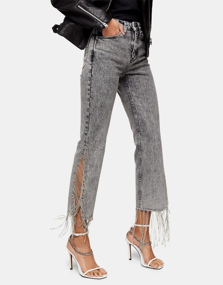 Topshop Rhinestone Fringed Straight Leg Jeans In Gray-grey