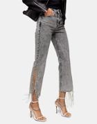 Topshop Rhinestone Fringed Straight Leg Jeans In Gray-grey