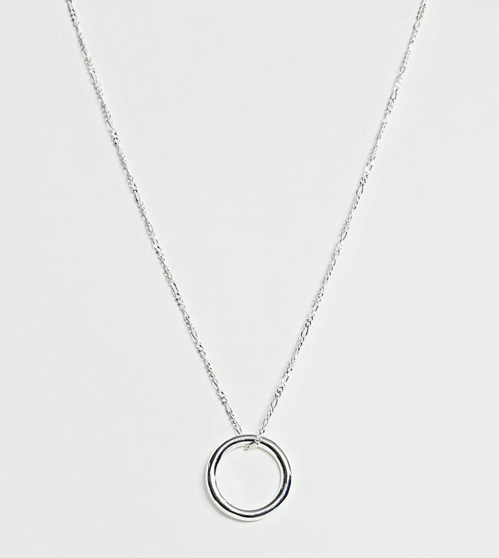 Asos Design Sterling Silver Long Necklace In Figaro Chain With Open Circle Pendant - Silver