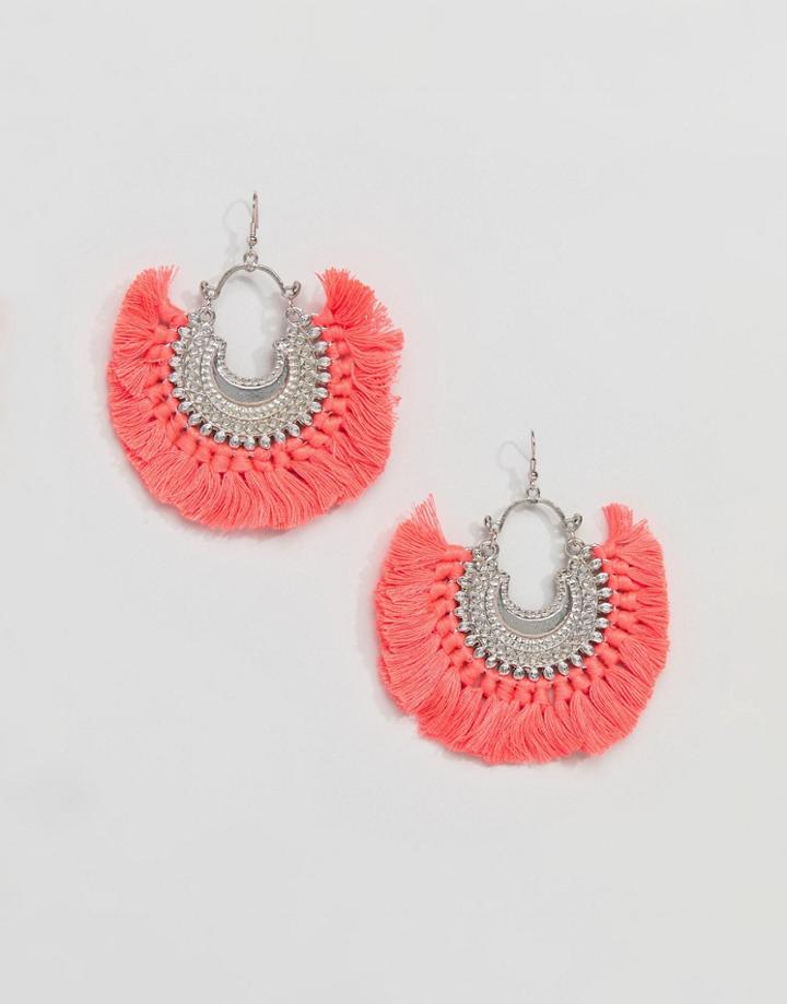Asos Design Engraved Burnished Tassel Hoop Earrings - Multi