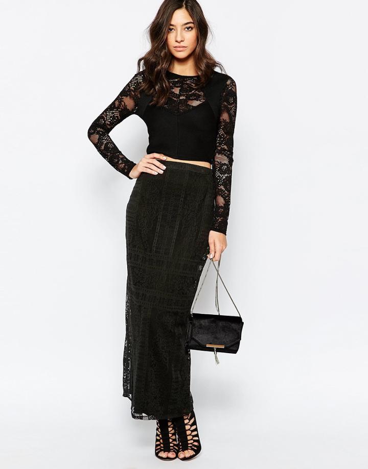 Warehouse Placed Lace Maxi Skirt - Black