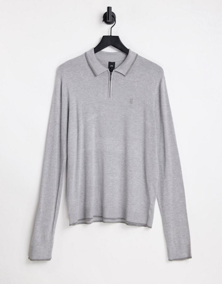 River Island Zip Polo In Gray Heather
