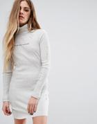 Criminal Damage High Neck Mini Dress With Distressing & Logo - Cream