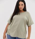 Asos Design Curve Oversized Boyfriend T-shirt With Roll Sleeve In Khaki - Green