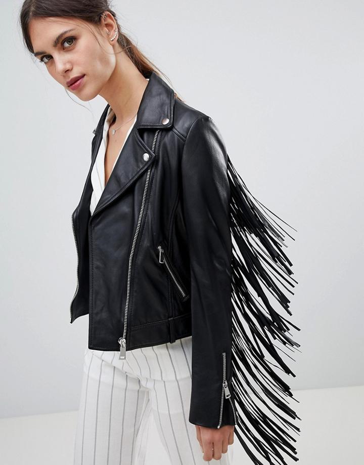 Lab Leather Biker Jacket With Fringing - Black