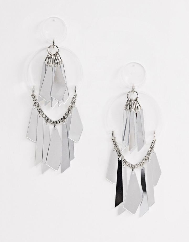 Asos Design Earrings With Mirrored Shapes And Clear Resin Design In Silver - Silver