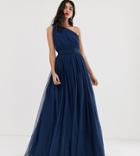 Asos Design Tall Tulle One Shoulder Maxi Dress-navy