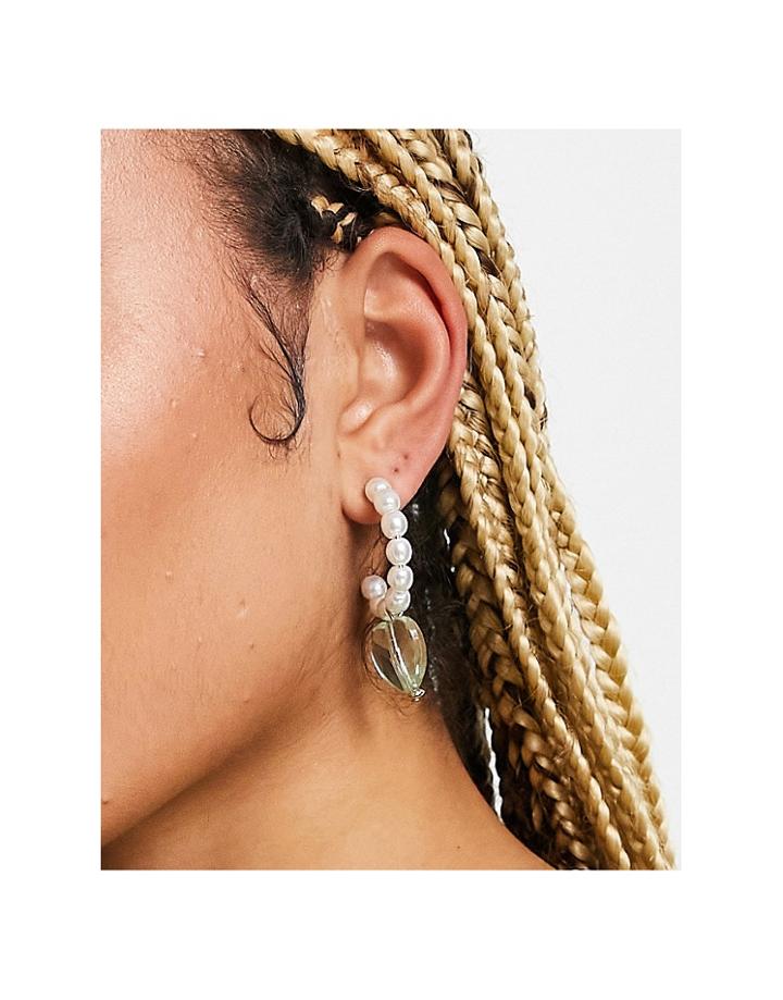 Topshop Faux Pearl And Green Heart Hoop Earrings In White