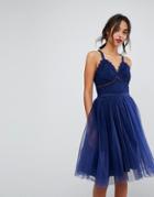 Chi Chi London Tulle Midi Dress With Lace Detail - Navy
