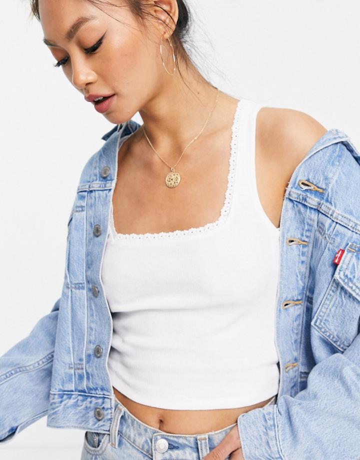 Asos Design Square Neck Tank With Lace Trim In White