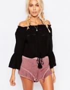 Surf Gypsy Bell Sleeve Crop Peasant Beach Top - Black