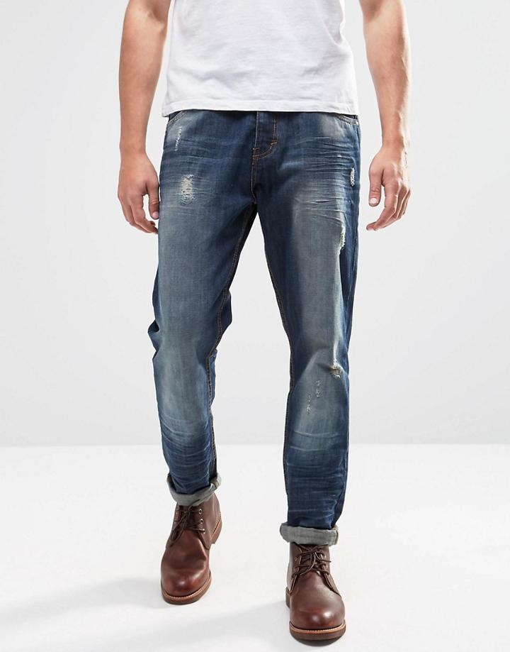 Brave Soul Sandblasted Ripped Slim Fit Jeans - Blue