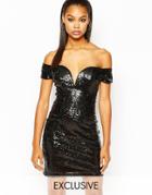 Rare London Sweetheart Allover Sequin Plunge Neck Mini Body-conscious Dress - Black