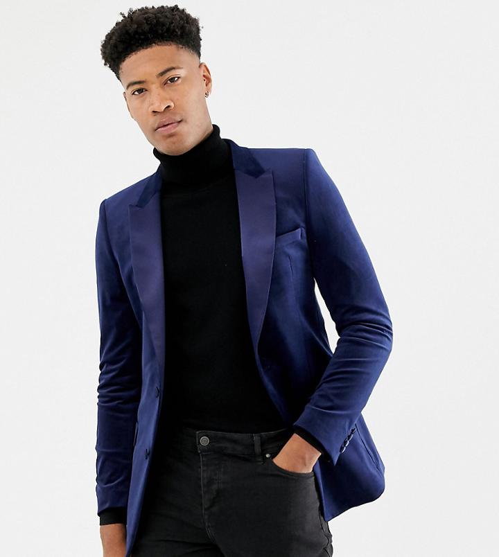 Asos Design Tall Skinny Blazer In Navy Velvet - Navy