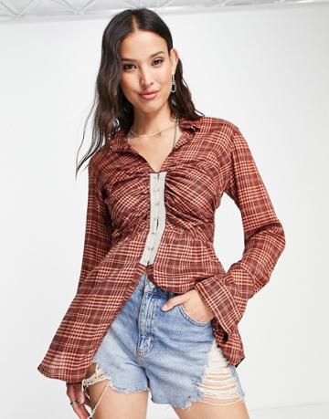 Free People Check Print Fitted Plaid Shirt In Red