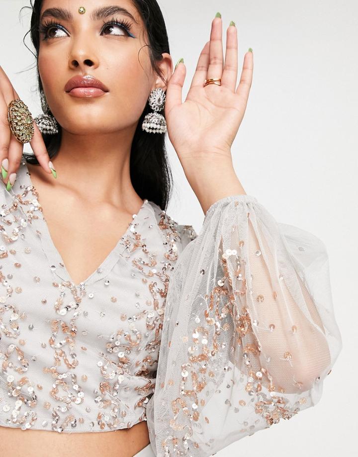 Maya All Over Embellished Lehenga Crop Top In Gray