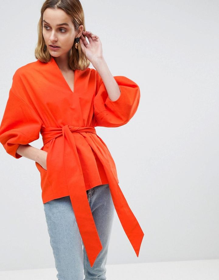 Asos White Cotton Twill Structured Sleeve Co-ord Top - Red