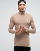 Asos Extreme Muscle Long Sleeve T-shirt With Roll Neck With Embroidery In Tan - Brown
