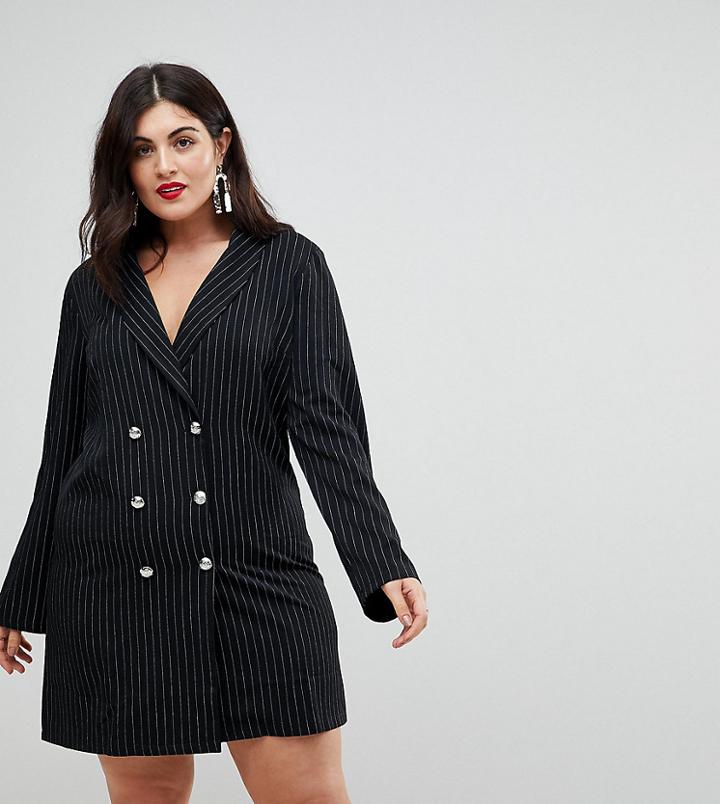 John Zack Plus Tuxedo Dress In Pinstripe - Black
