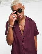 Asos Design Relaxed Shirt With One Button In Recycled Polyester In Plum-red
