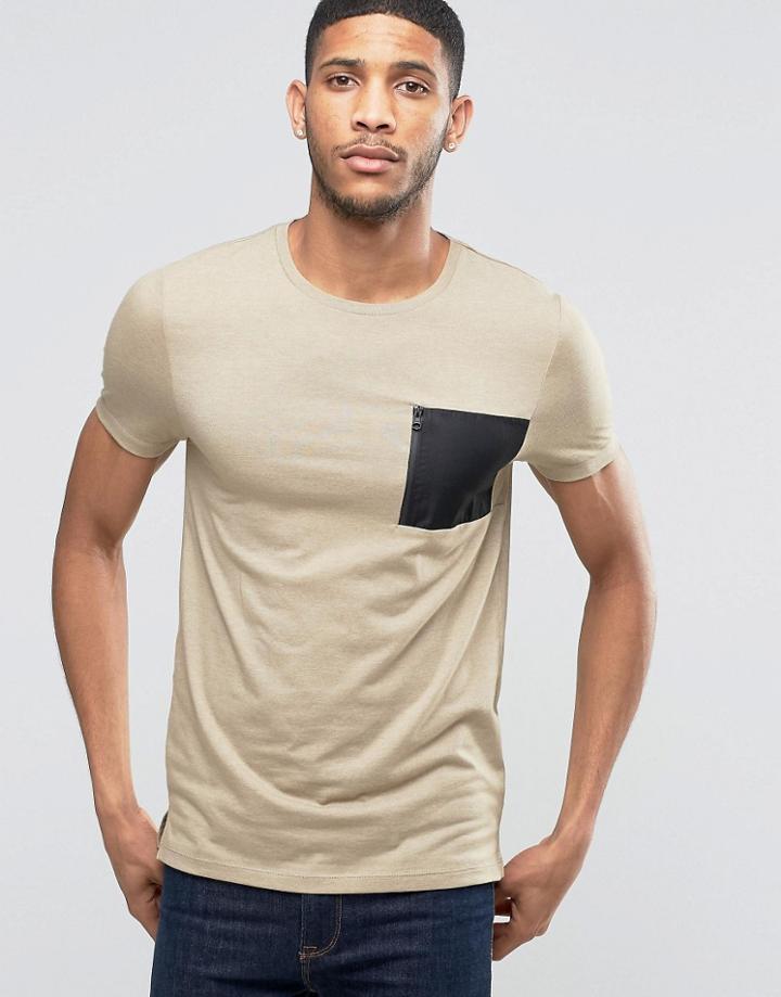 Asos Muscle T-shirt With Military Pocket In Beige - Silver Mink