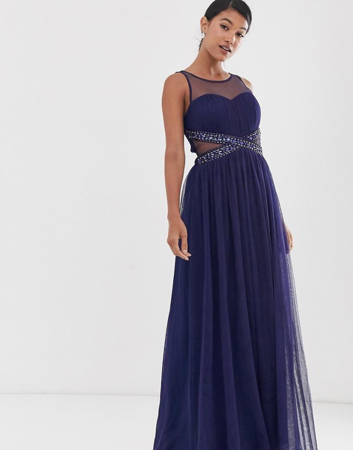 Little Mistress Mesh Upper Embellished Waist Detail Skater Maxi Dress - Navy