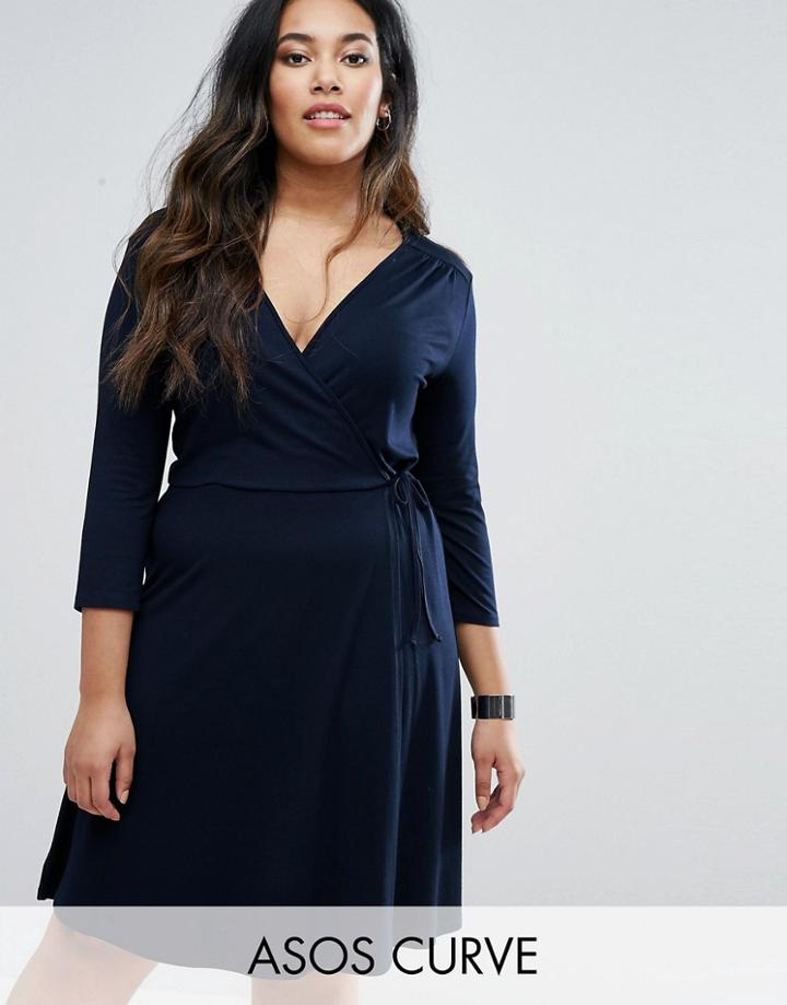 Asos Curve Midi Tea Dress With Wrap Front And 3/4 Sleeve - Navy