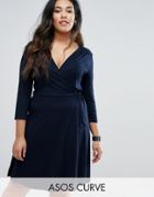 Asos Curve Midi Tea Dress With Wrap Front And 3/4 Sleeve - Navy