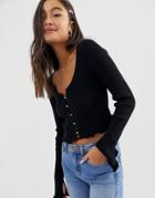 Asos Design Button Front Cardigan With Scoop Neck - Black