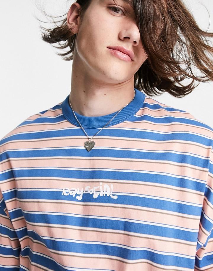 Asos Daysocial Oversized T-shirt With All-over Stripe Print And Logo In Peach-orange