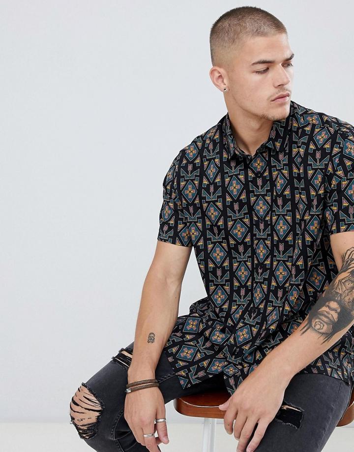 Asos Design Oversized Geo-tribal Print Shirt In Black With Batwing Sleeves - Black