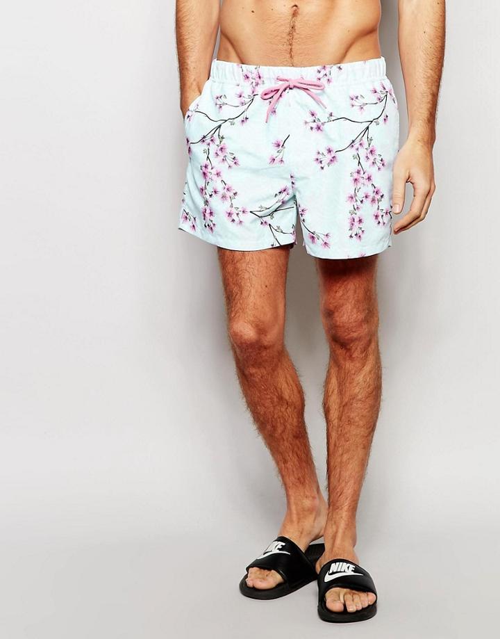 Asos Short Length Swim Shorts With Floral Print - Blue