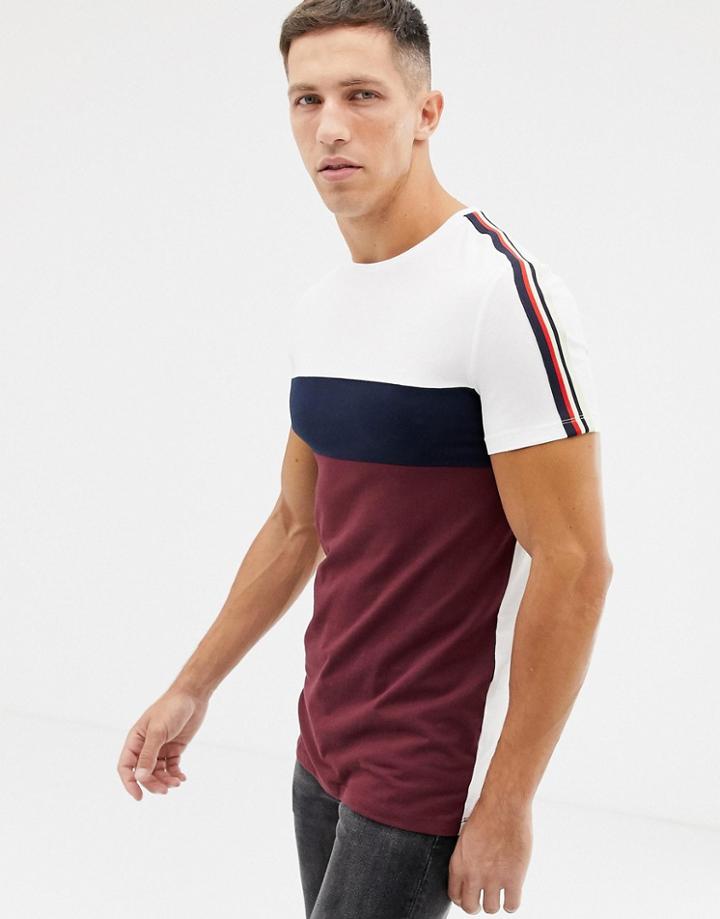Asos Design Organic Muscle Fit Longline T-shirt With Contrast Taping In Burgundy - Red