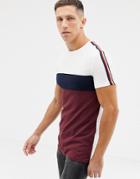 Asos Design Organic Muscle Fit Longline T-shirt With Contrast Taping In Burgundy - Red