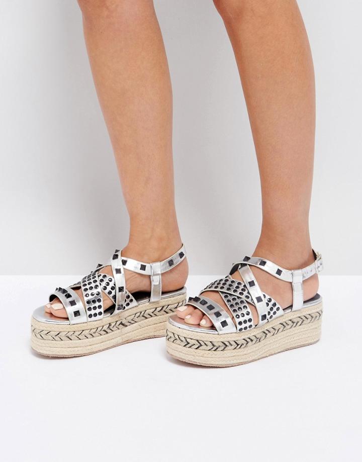 Asos Truth Or Dare Studded Espadrille Flatforms - Silver